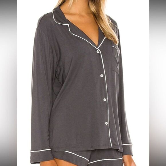NWT Eberjey Gisele Long Sleeve PJ Top in Graphite & Sorbet Size XS TOP ONLY - Picture 1 of 10